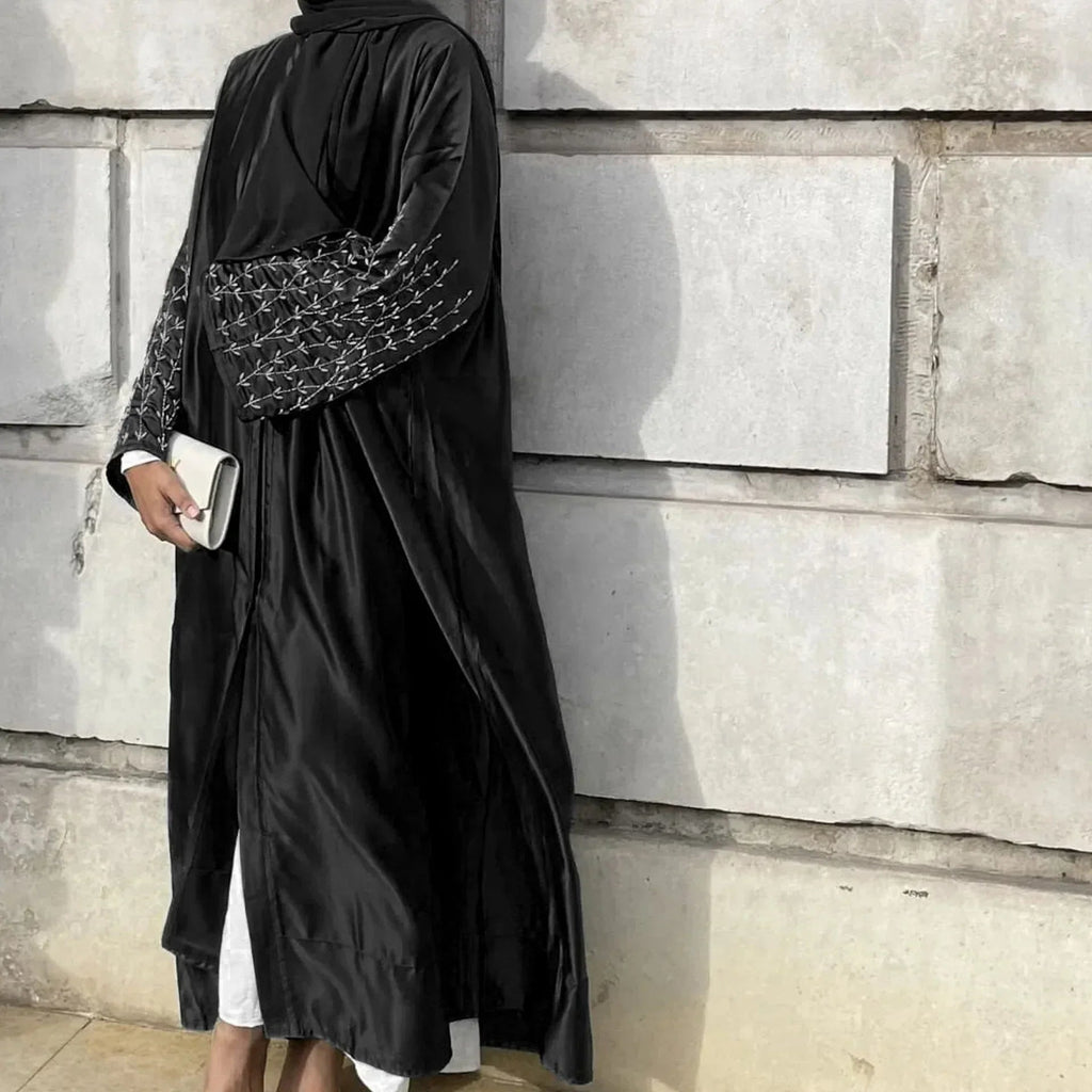 LM124 Abaya Satin Perles & Strass | Cardigan Ouvert Élégant pour Femmes
