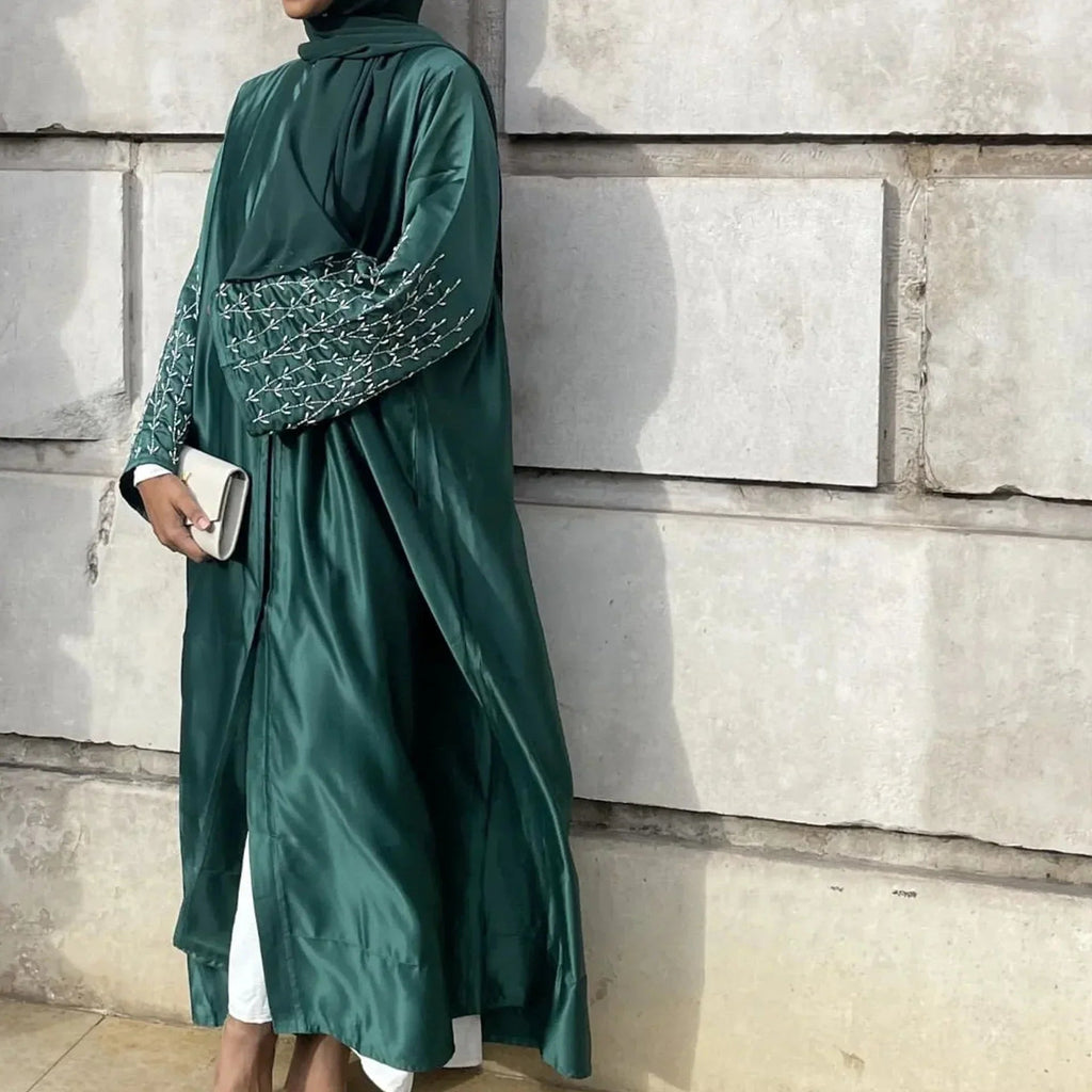 LM124 Abaya Satin Perles & Strass | Cardigan Ouvert Élégant pour Femmes