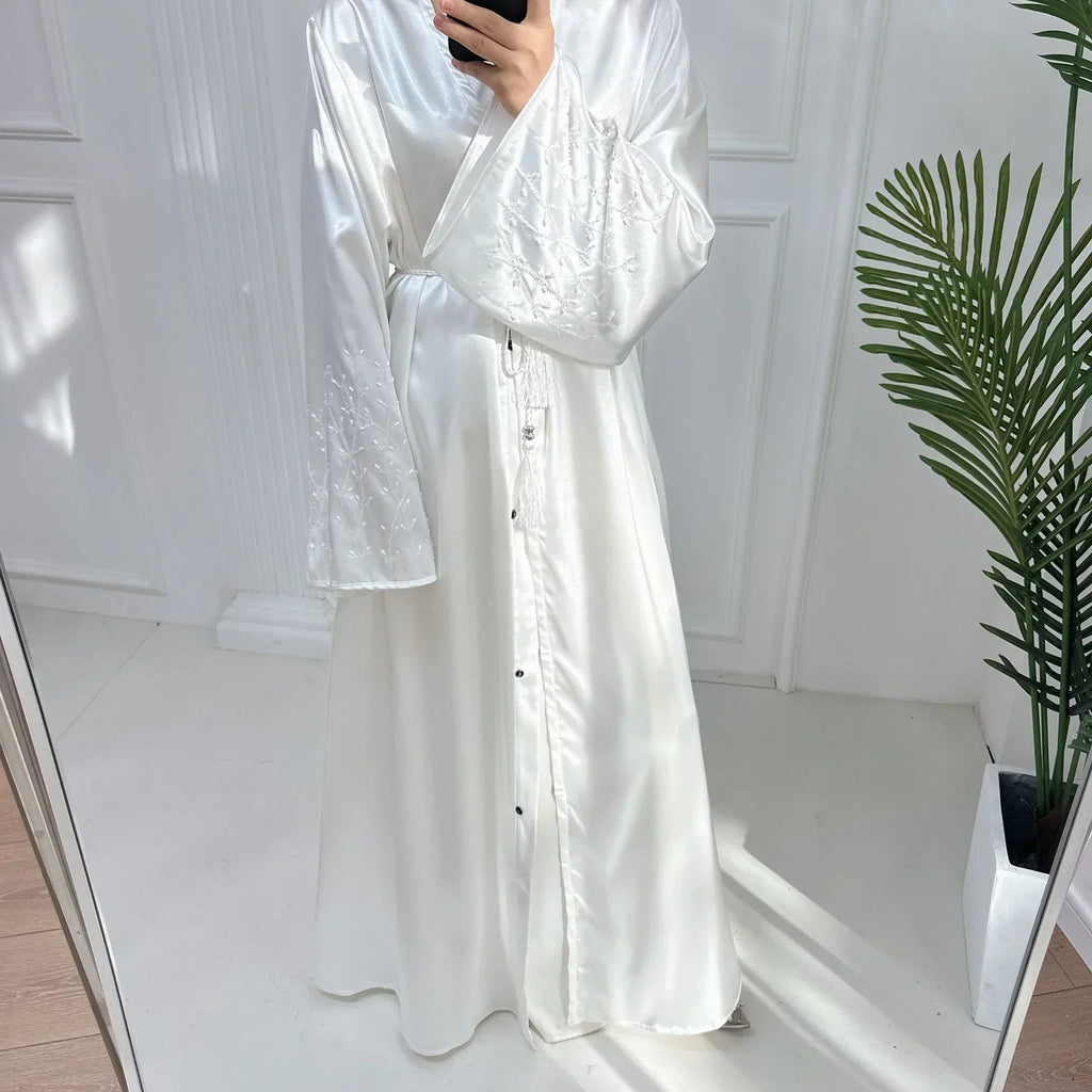 LM124 Abaya Satin Perles & Strass | Cardigan Ouvert Élégant pour Femmes
