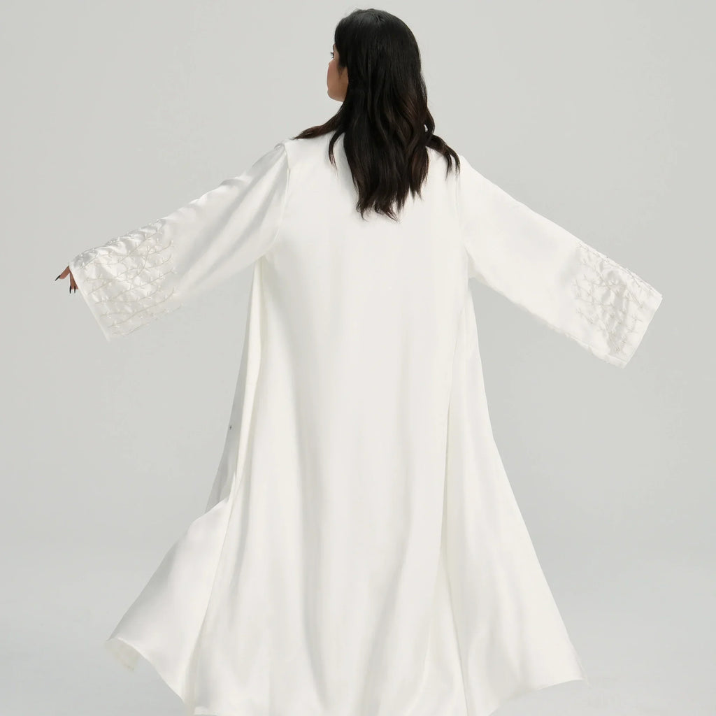LM124 Abaya Satin Perles & Strass | Cardigan Ouvert Élégant pour Femmes