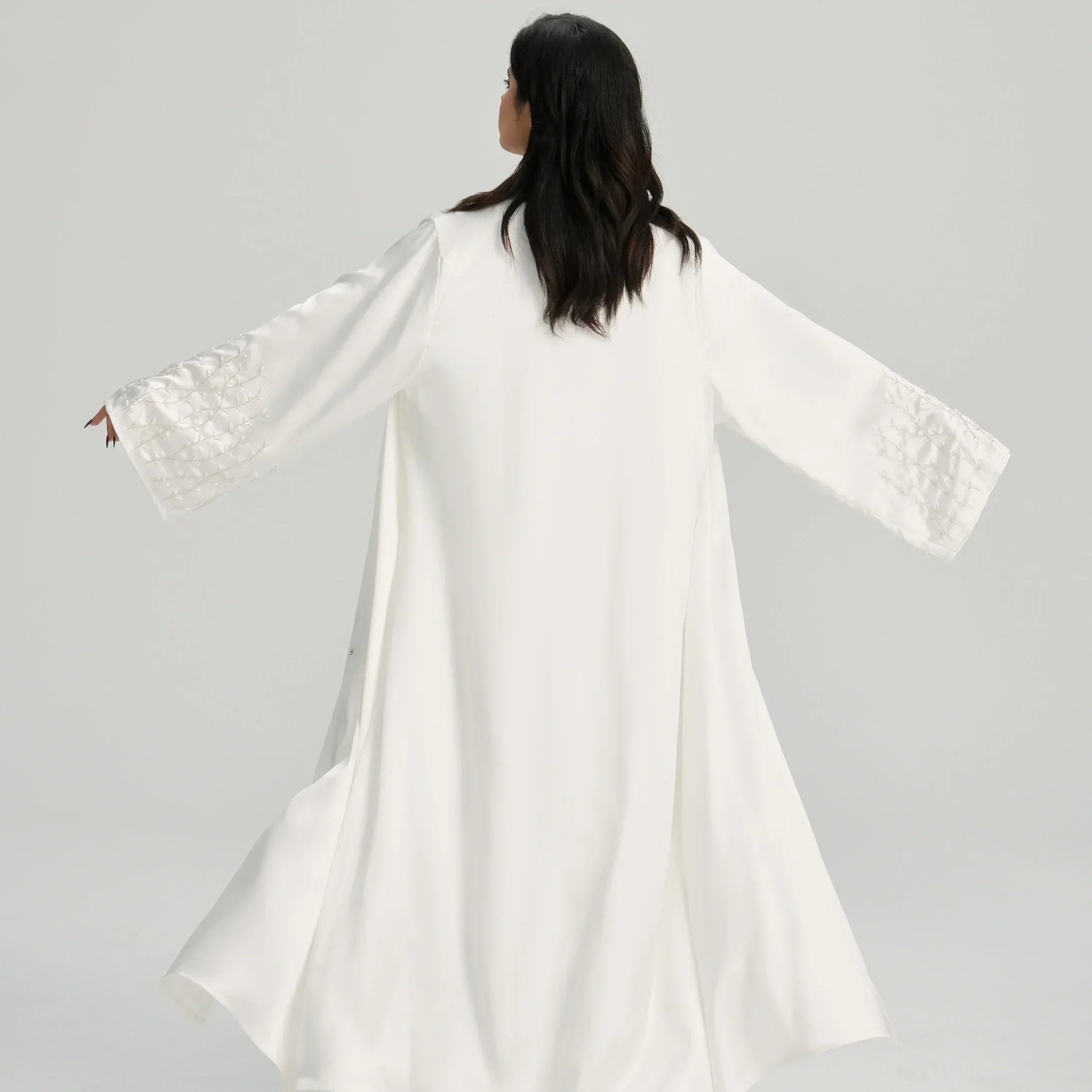 LM124 Abaya Satin Perles & Strass | Cardigan Ouvert Élégant pour Femmes