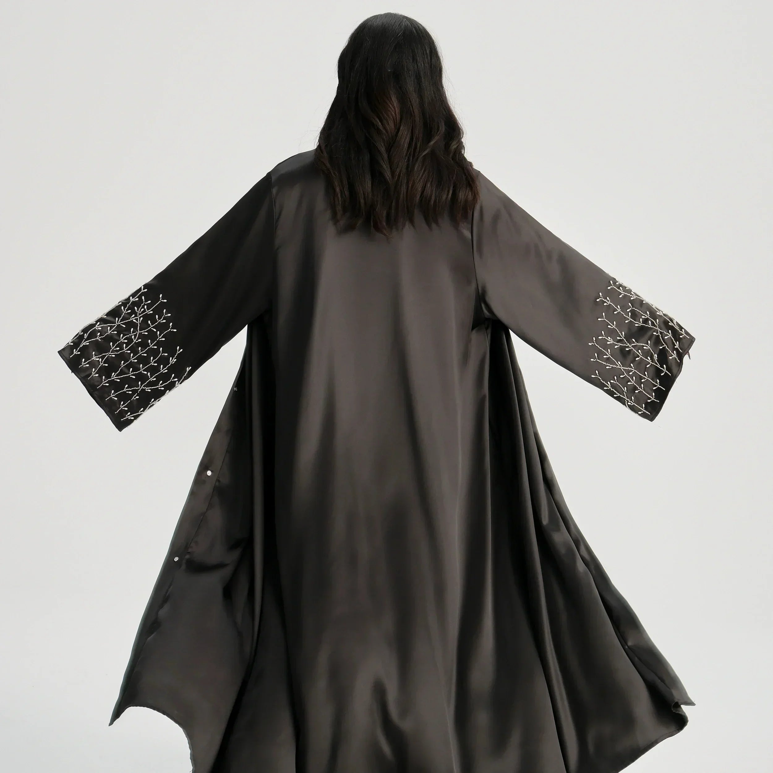 LM124 Abaya Satin Perles & Strass | Cardigan Ouvert Élégant pour Femmes
