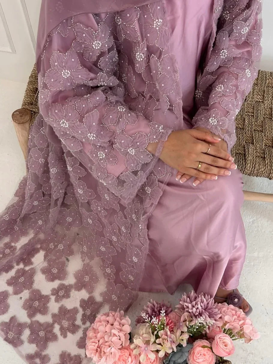LM126 Ensemble Abaya 3 Pièces Perles Élégant – Kimono Floral, Robe Intérieure & Foulard Assorti