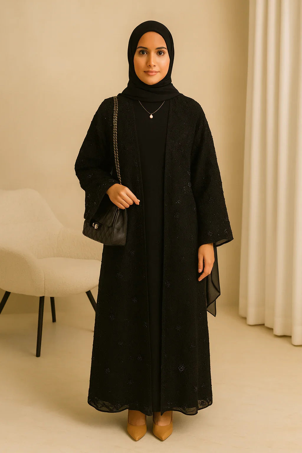 LM126 Ensemble Abaya 3 Pièces Perles Élégant – Kimono Floral, Robe Intérieure & Foulard Assorti