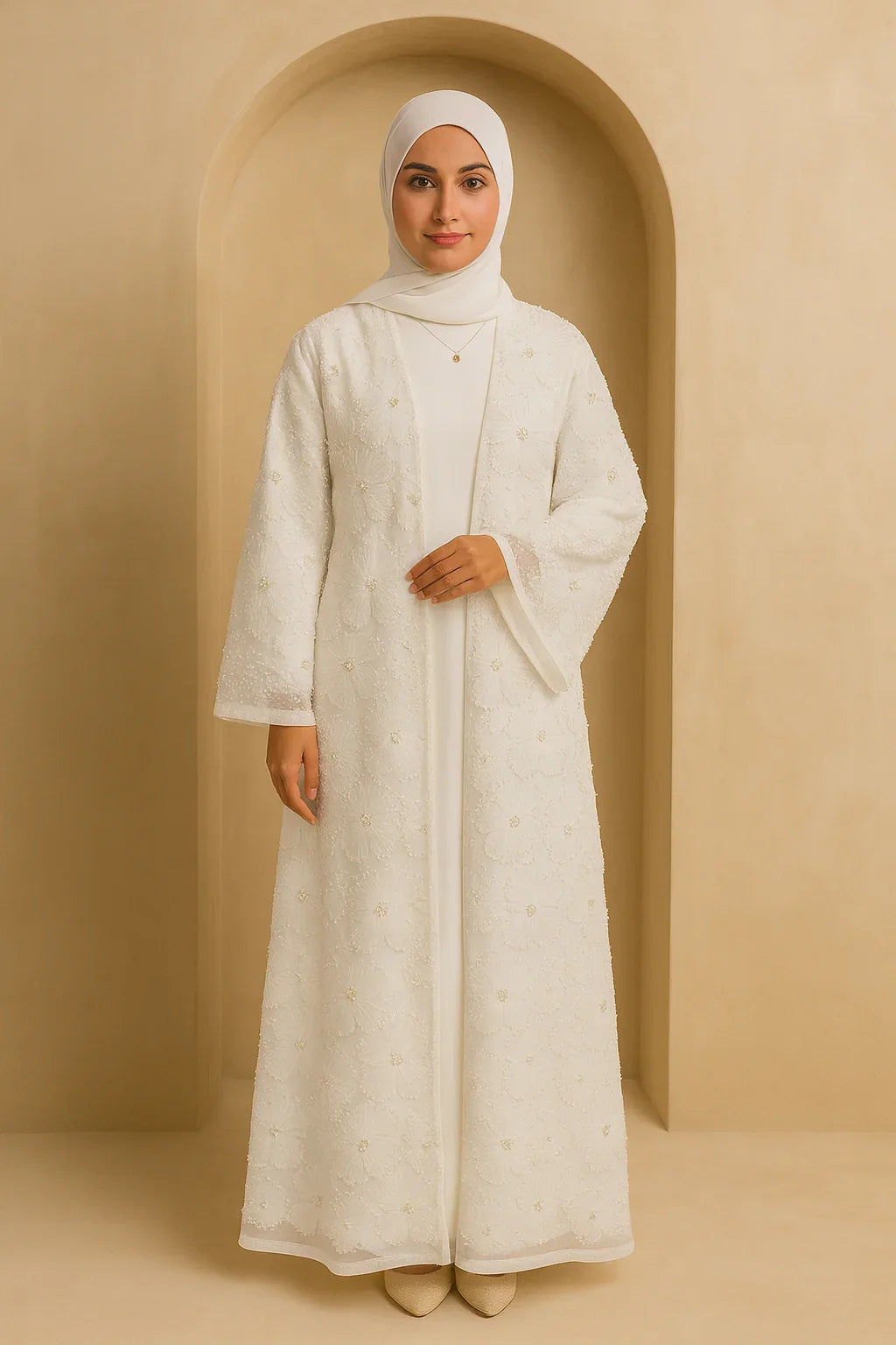 LM126 Ensemble Abaya 3 Pièces Perles Élégant – Kimono Floral, Robe Intérieure & Foulard Assorti