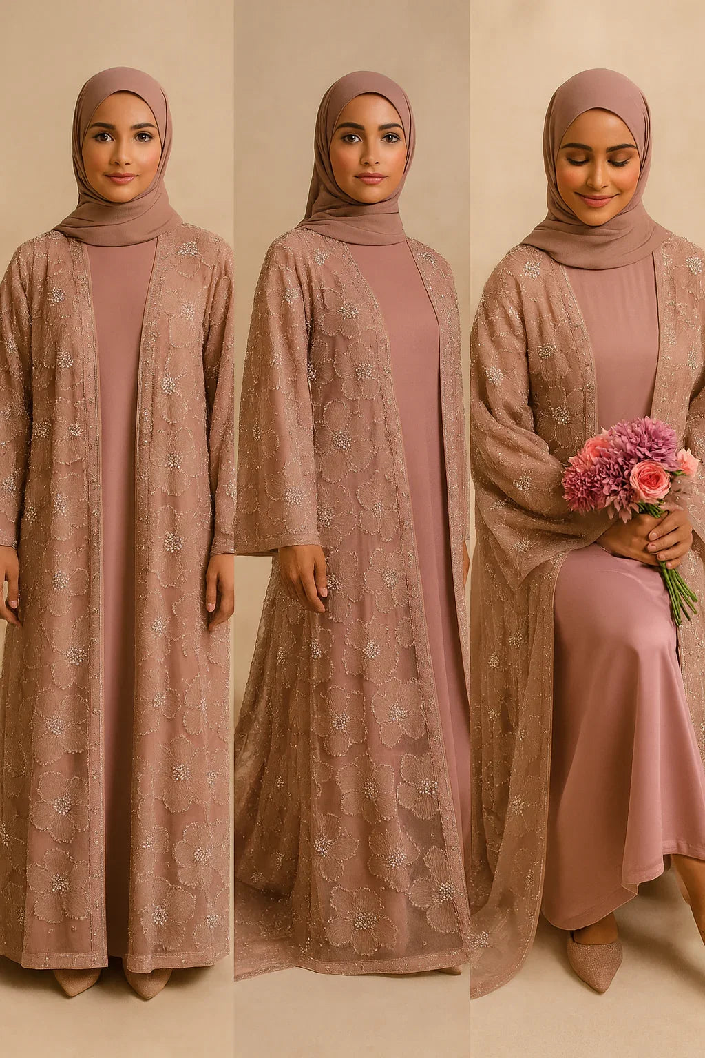 LM126 Ensemble Abaya 3 Pièces Perles Élégant – Kimono Floral, Robe Intérieure & Foulard Assorti
