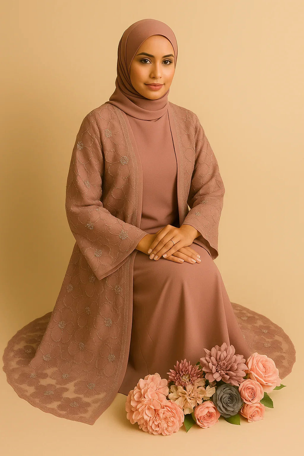 LM126 Ensemble Abaya 3 Pièces Perles Élégant – Kimono Floral, Robe Intérieure & Foulard Assorti