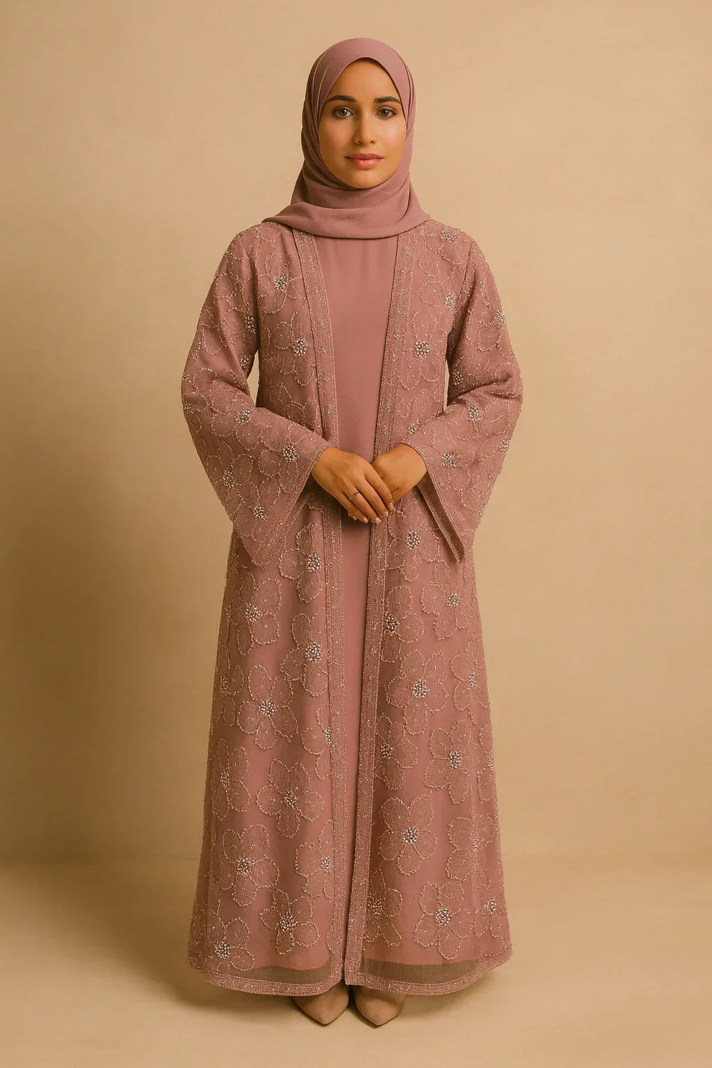 LM126 Ensemble Abaya 3 Pièces Perles Élégant – Kimono Floral, Robe Intérieure & Foulard Assorti