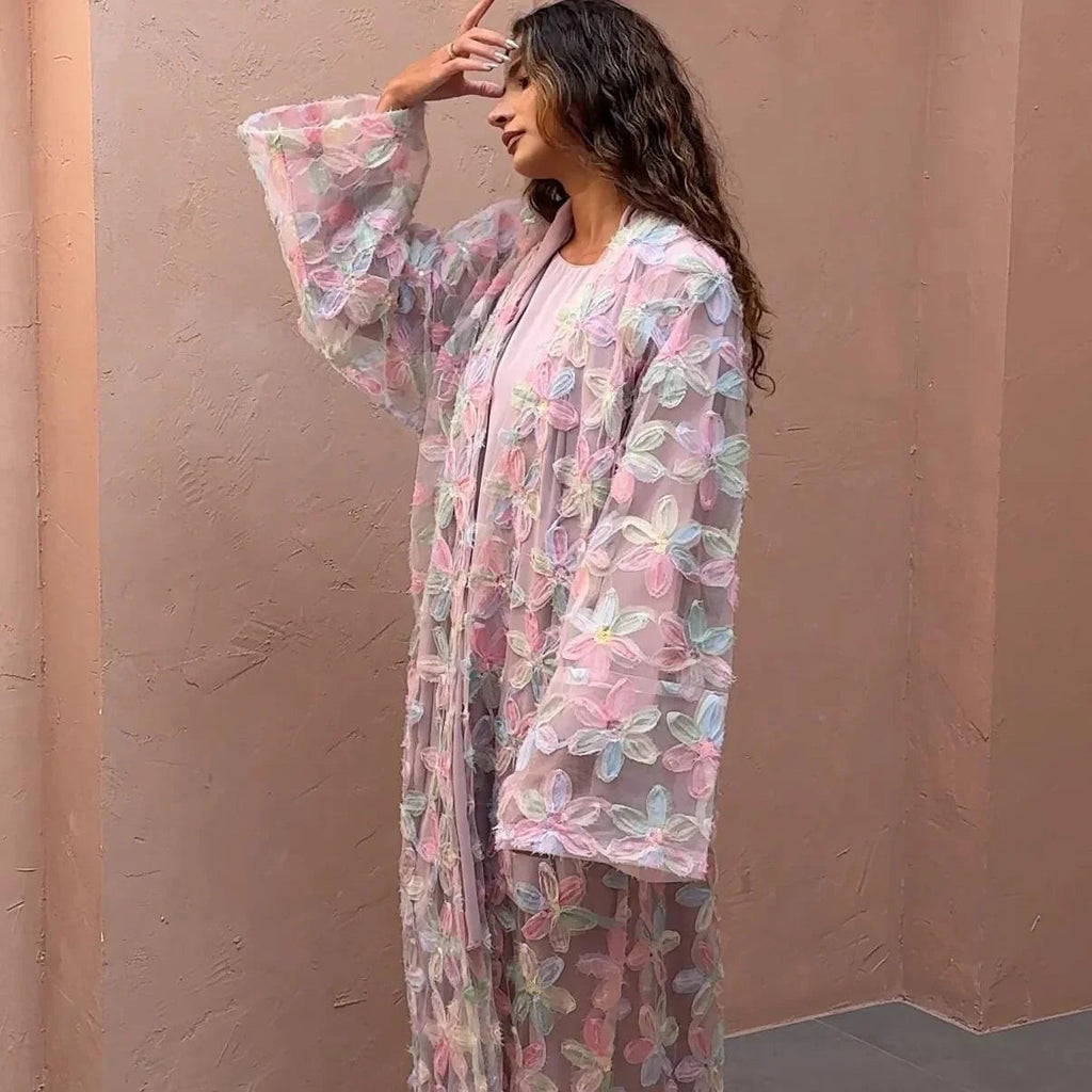 LM128 Abaya Kimono Florale Légère – Robe Estivale Modeste Pastel