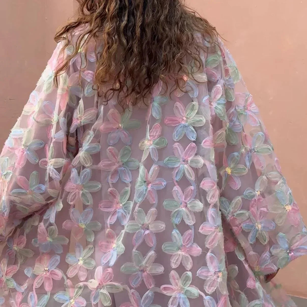 LM128 Abaya Kimono Florale Légère – Robe Estivale Modeste Pastel