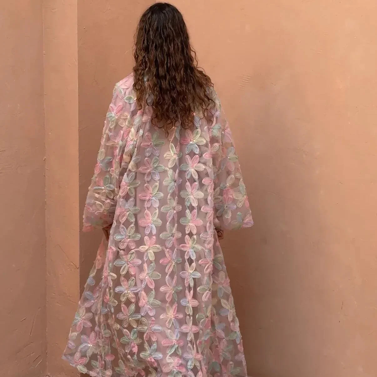 LM128 Abaya Kimono Florale Légère – Robe Estivale Modeste Pastel