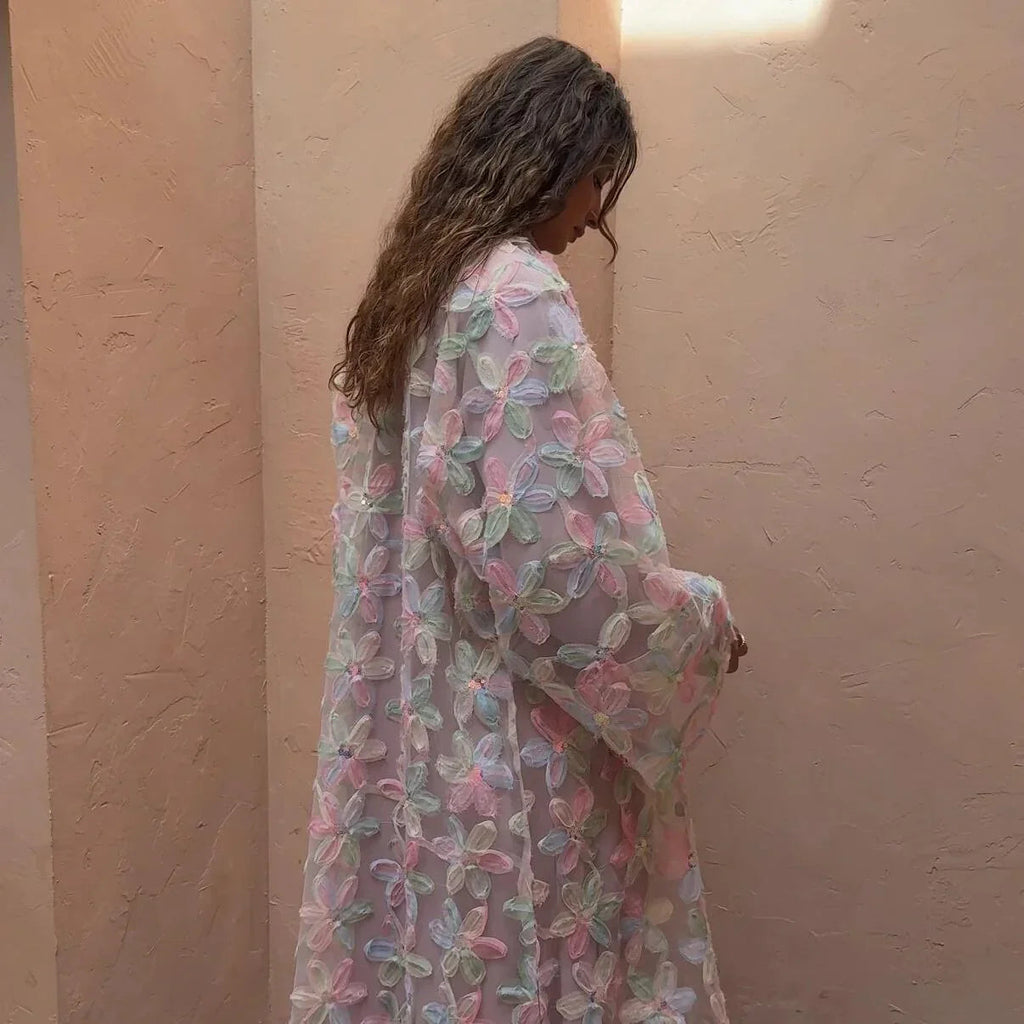 LM128 Abaya Kimono Florale Légère – Robe Estivale Modeste Pastel