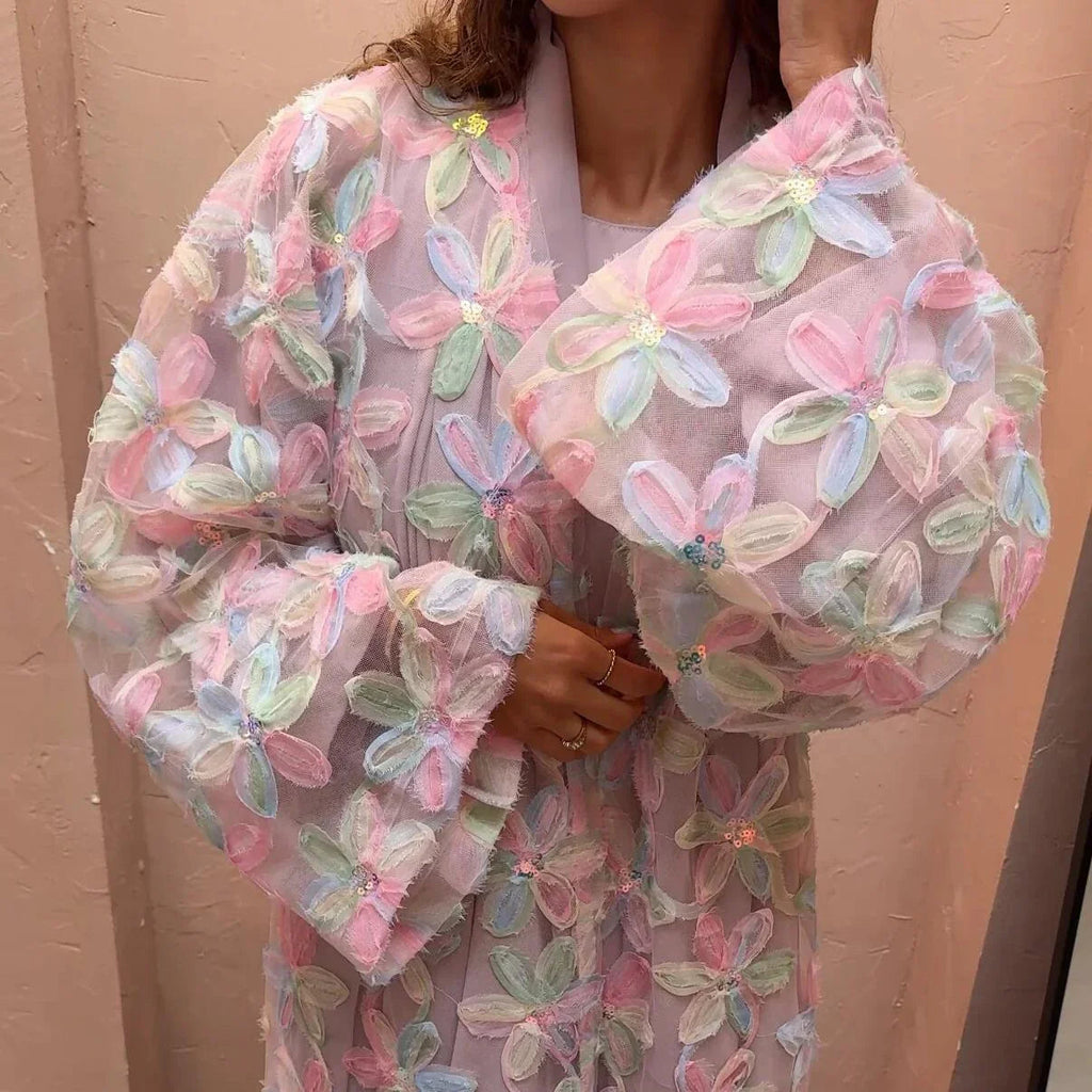 LM128 Abaya Kimono Florale Légère – Robe Estivale Modeste Pastel