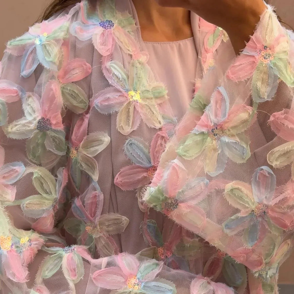 LM128 Abaya Kimono Florale Légère – Robe Estivale Modeste Pastel