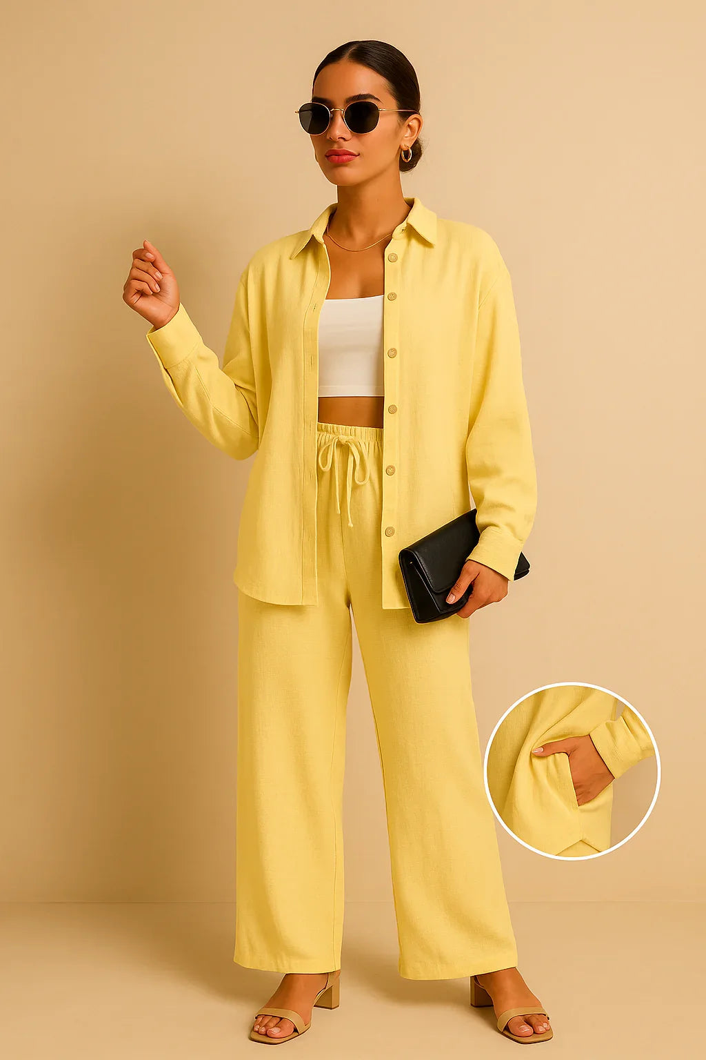 LM131 Ensemble Deux Pièces Femme – Chemise Boutonnée & Pantalon Large Avec Poches