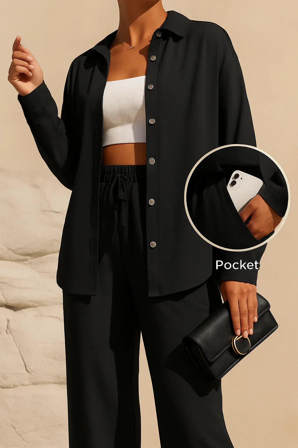 LM131 Ensemble Deux Pièces Femme – Chemise Boutonnée & Pantalon Large Avec Poches