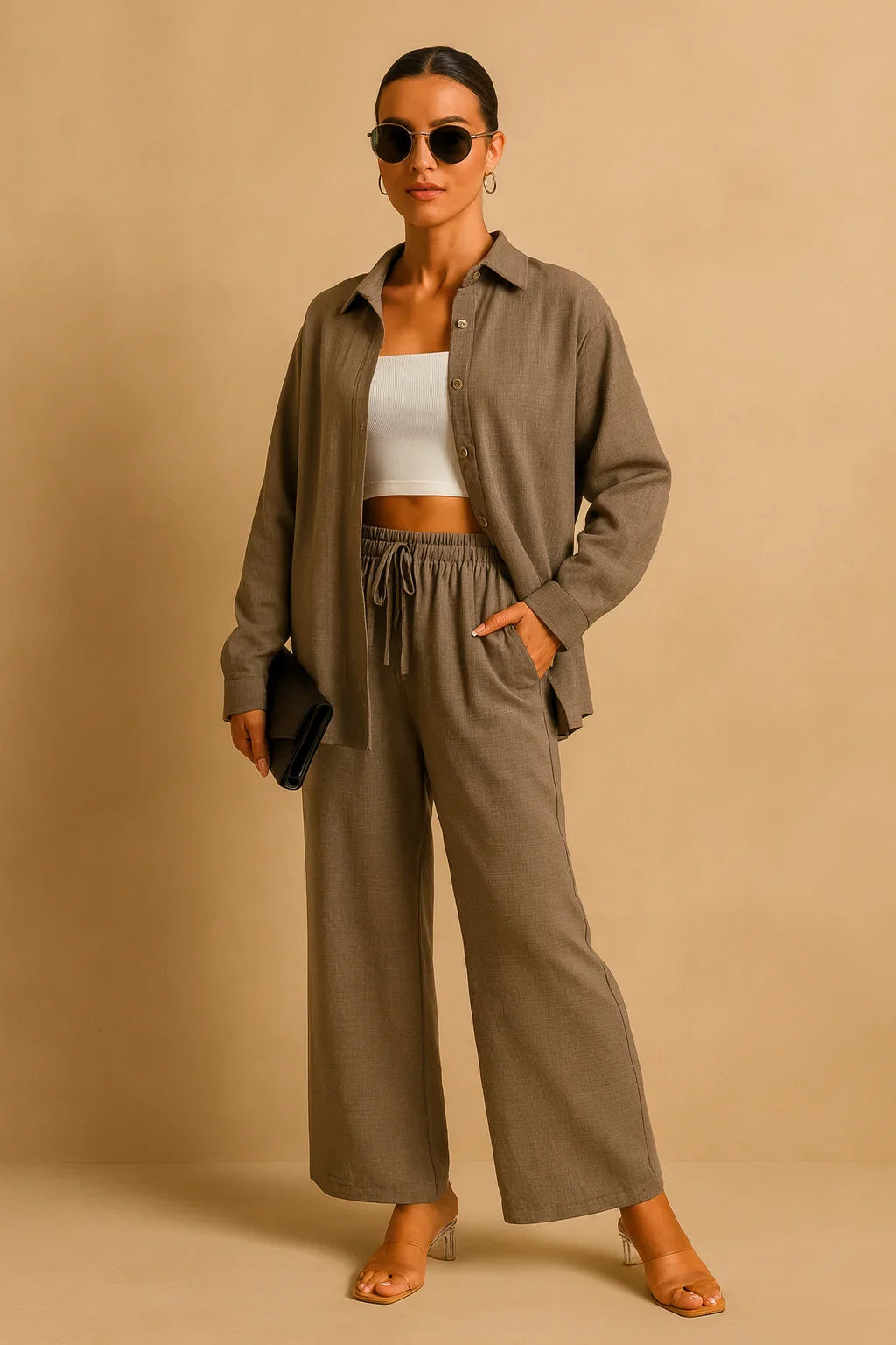 LM131 Ensemble Deux Pièces Femme – Chemise Boutonnée & Pantalon Large Avec Poches
