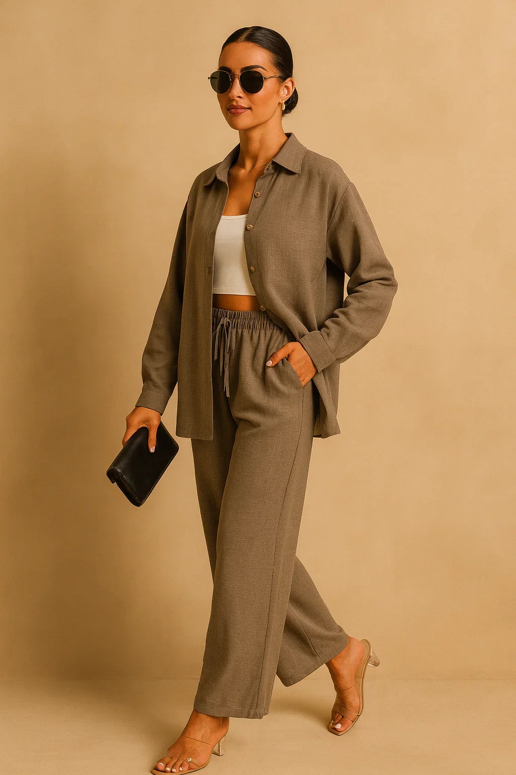LM131 Ensemble Deux Pièces Femme – Chemise Boutonnée & Pantalon Large Avec Poches