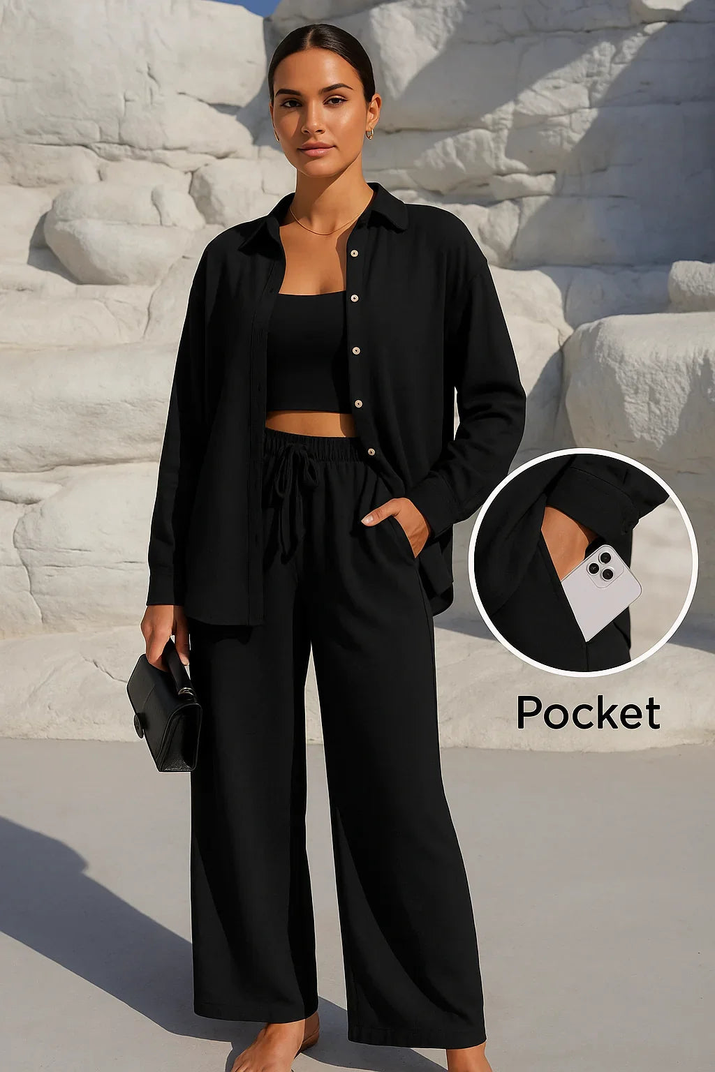 LM131 Ensemble Deux Pièces Femme – Chemise Boutonnée & Pantalon Large Avec Poches