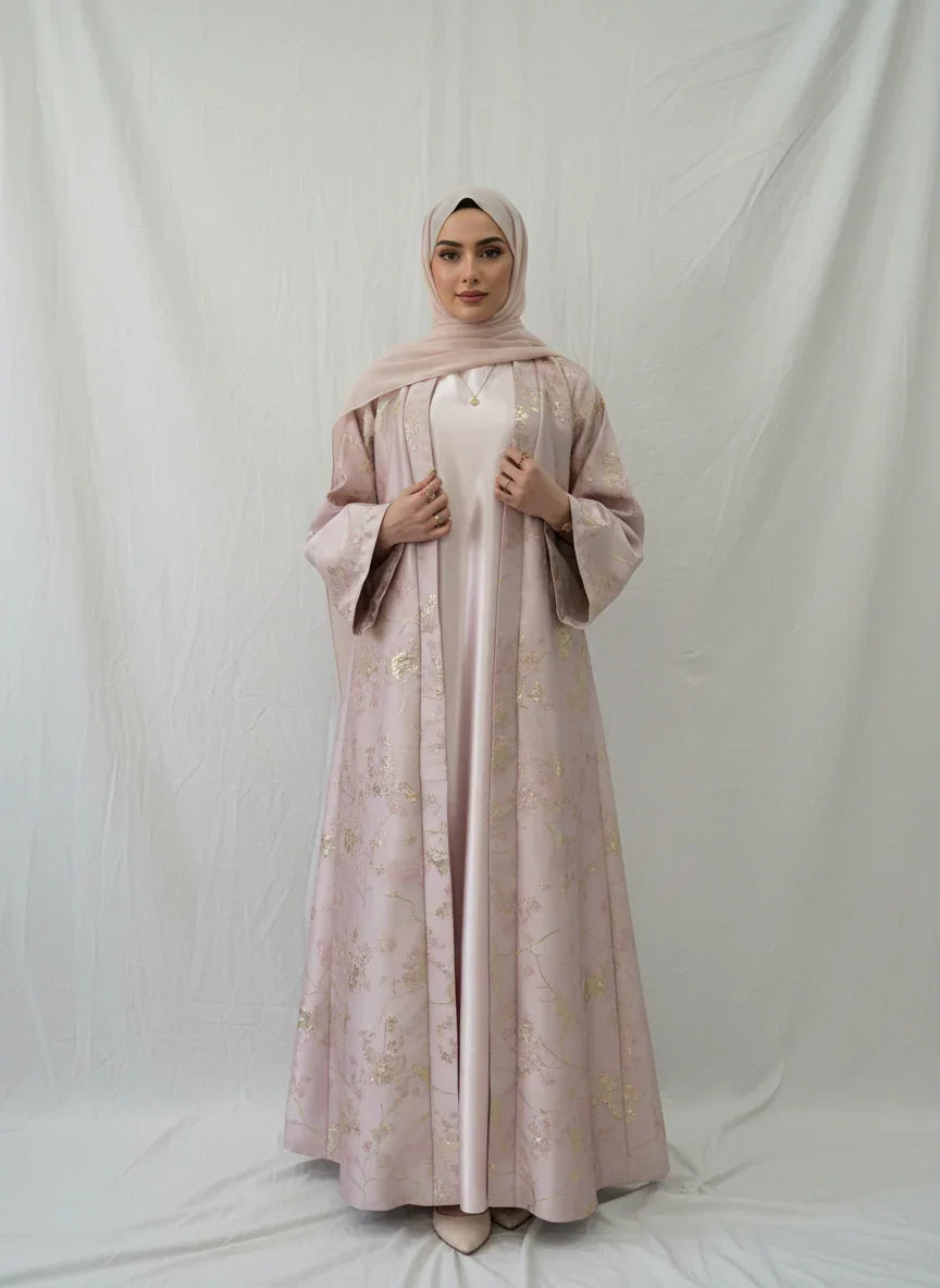 LM178 Robe Abaya Kimono Rose Sakura – Tenue Modeste Brodée pour Aïd & Mariages