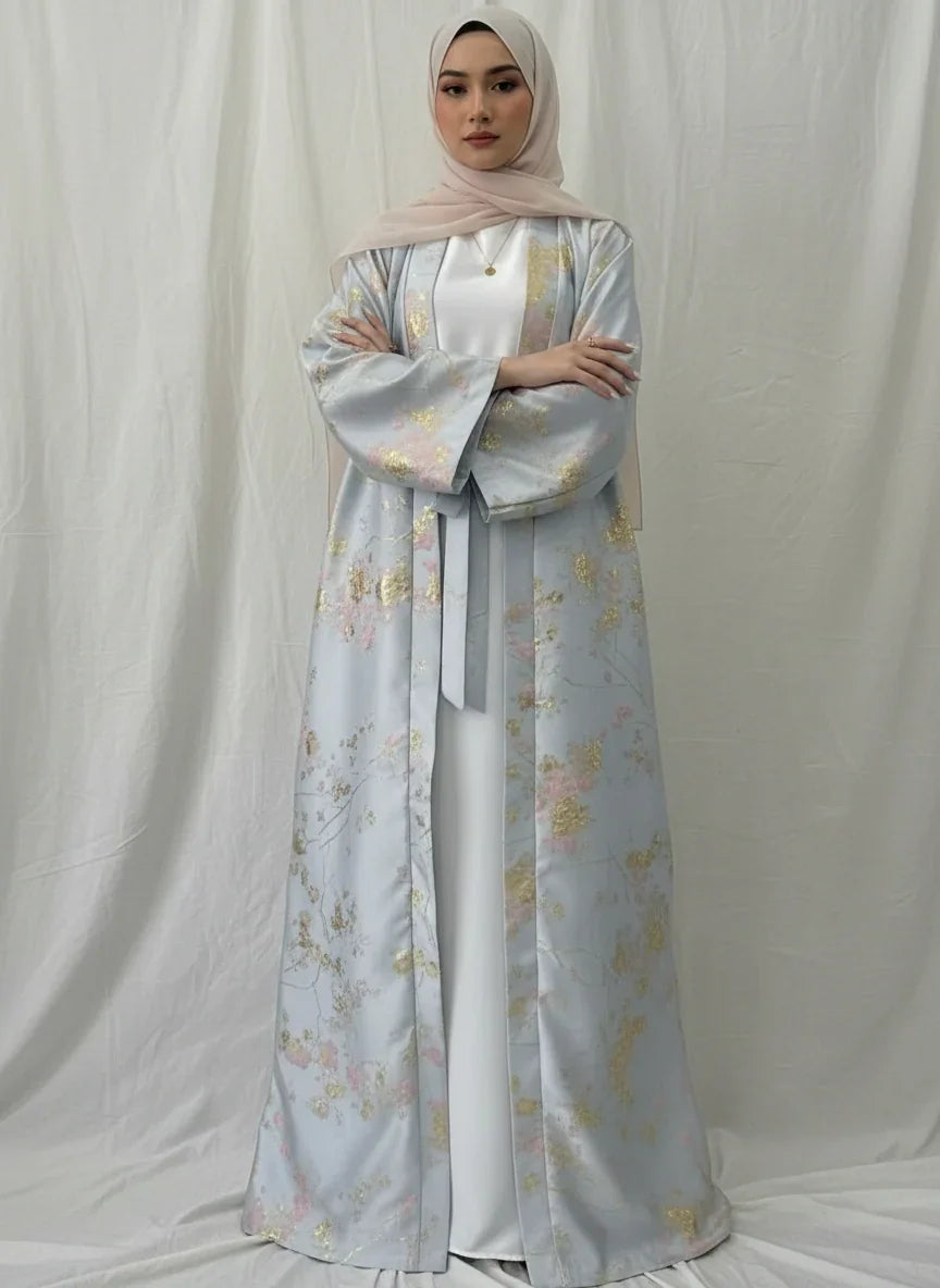 LM178 Robe Abaya Kimono Rose Sakura – Tenue Modeste Brodée pour Aïd & Mariages