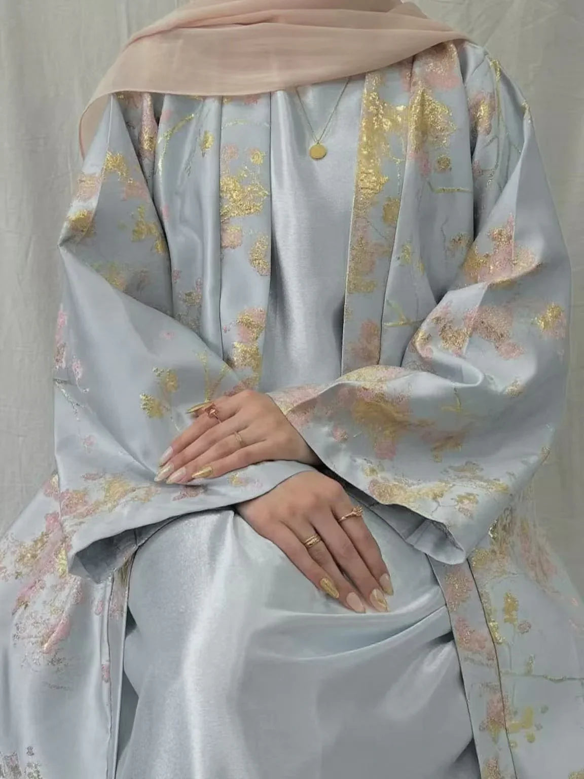 LM178 Robe Abaya Kimono Rose Sakura – Tenue Modeste Brodée pour Aïd & Mariages