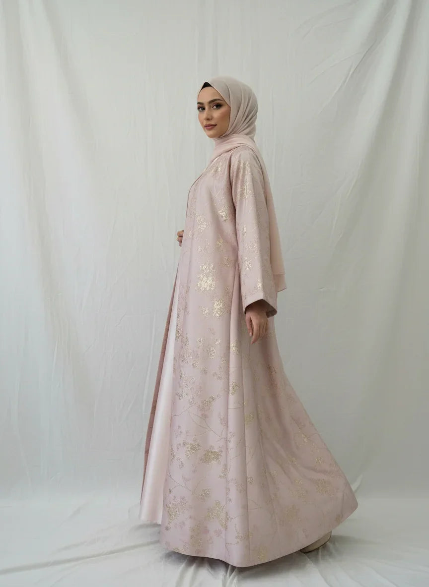LM178 Robe Abaya Kimono Rose Sakura – Tenue Modeste Brodée pour Aïd & Mariages