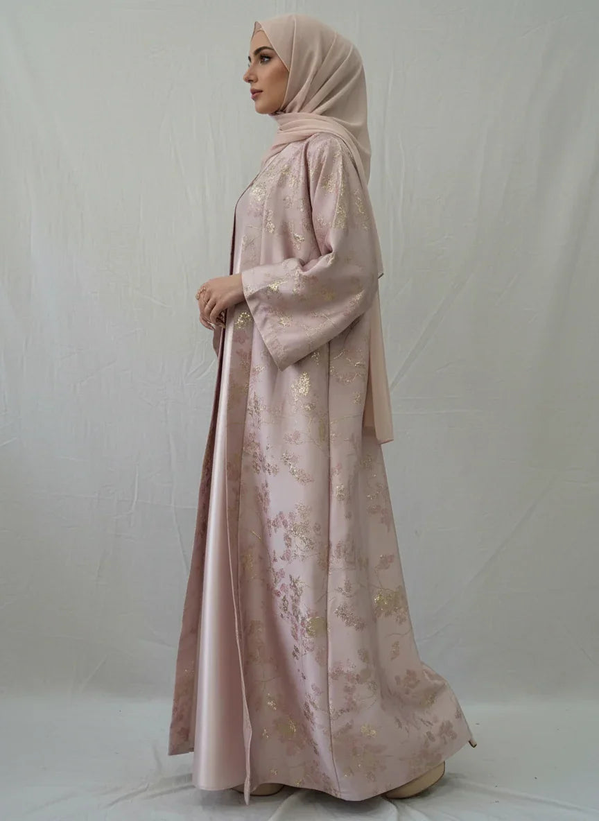 LM178 Robe Abaya Kimono Rose Sakura – Tenue Modeste Brodée pour Aïd & Mariages
