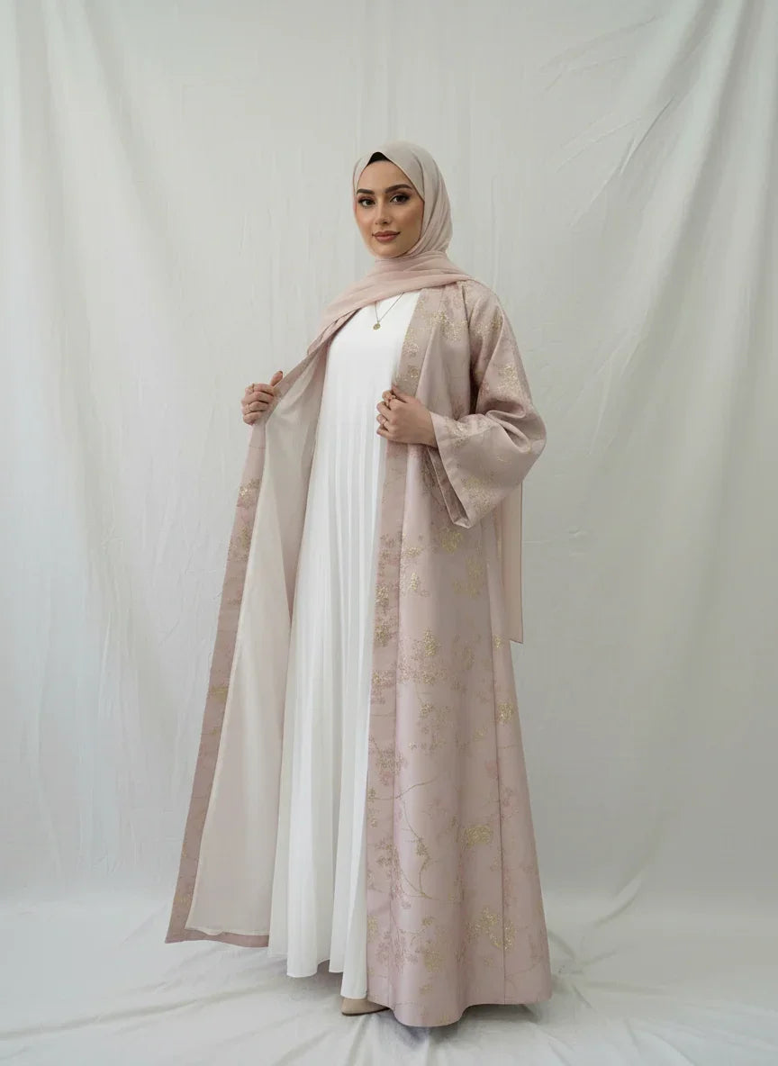 LM178 Robe Abaya Kimono Rose Sakura – Tenue Modeste Brodée pour Aïd & Mariages