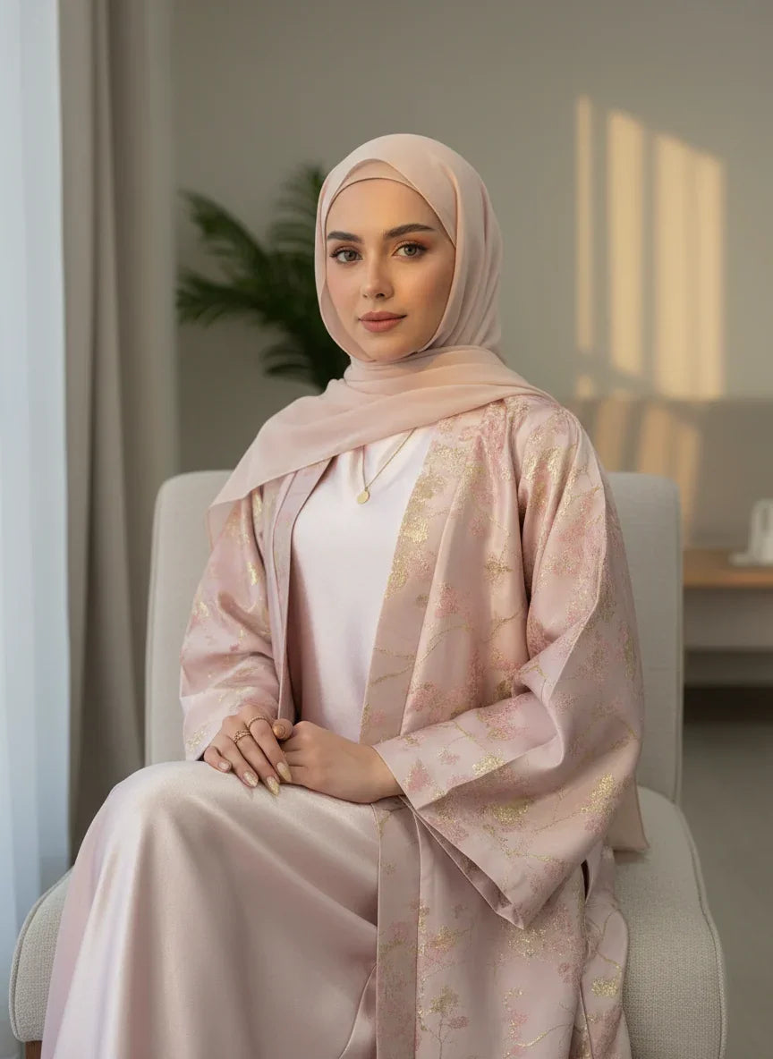 LM178 Robe Abaya Kimono Rose Sakura – Tenue Modeste Brodée pour Aïd & Mariages