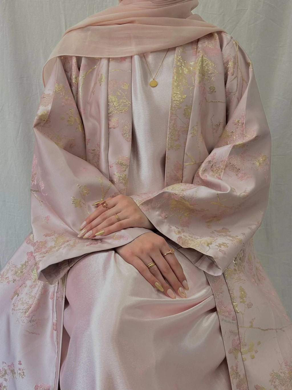 LM178 Robe Abaya Kimono Rose Sakura – Tenue Modeste Brodée pour Aïd & Mariages