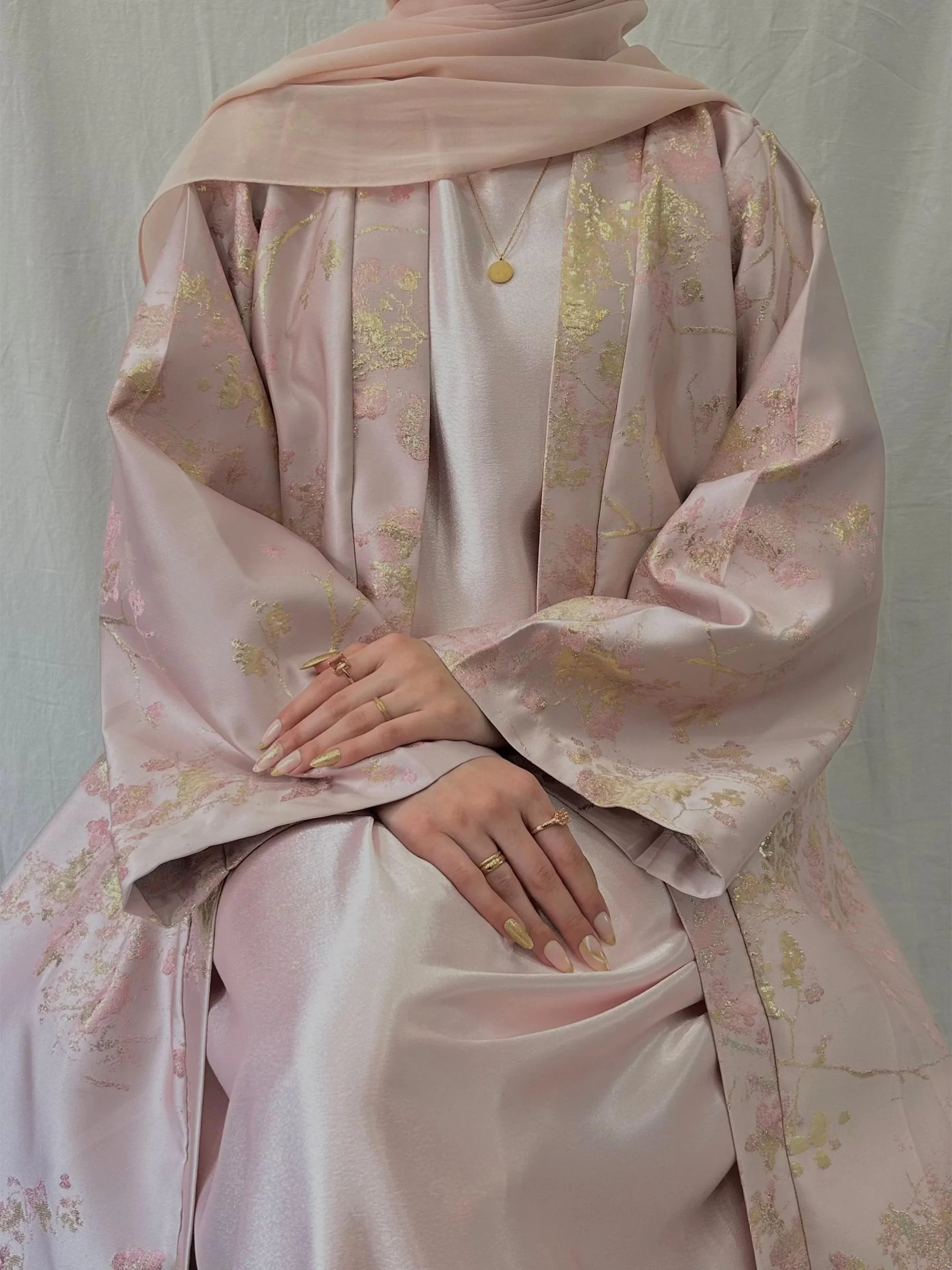 LM178 Robe Abaya Kimono Rose Sakura – Tenue Modeste Brodée pour Aïd & Mariages