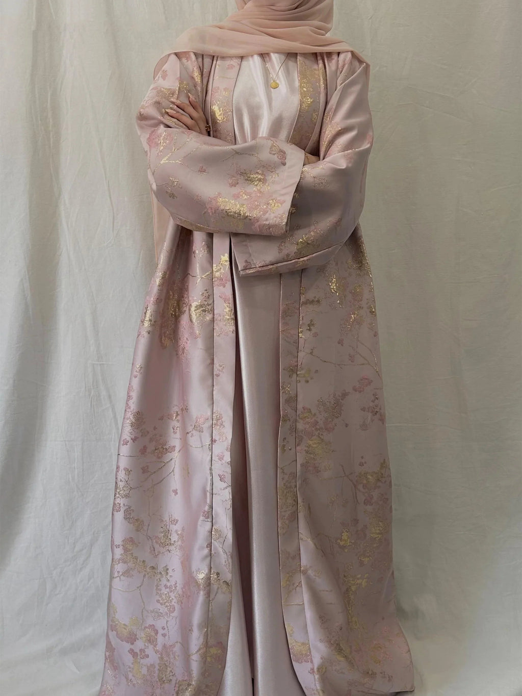 LM178 Robe Abaya Kimono Rose Sakura – Tenue Modeste Brodée pour Aïd & Mariages