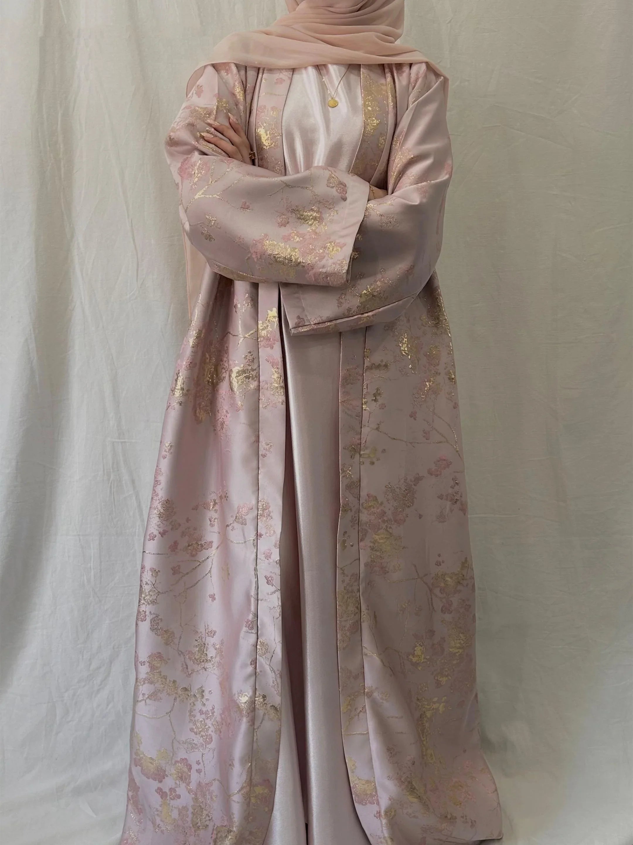 LM178 Robe Abaya Kimono Rose Sakura – Tenue Modeste Brodée pour Aïd & Mariages