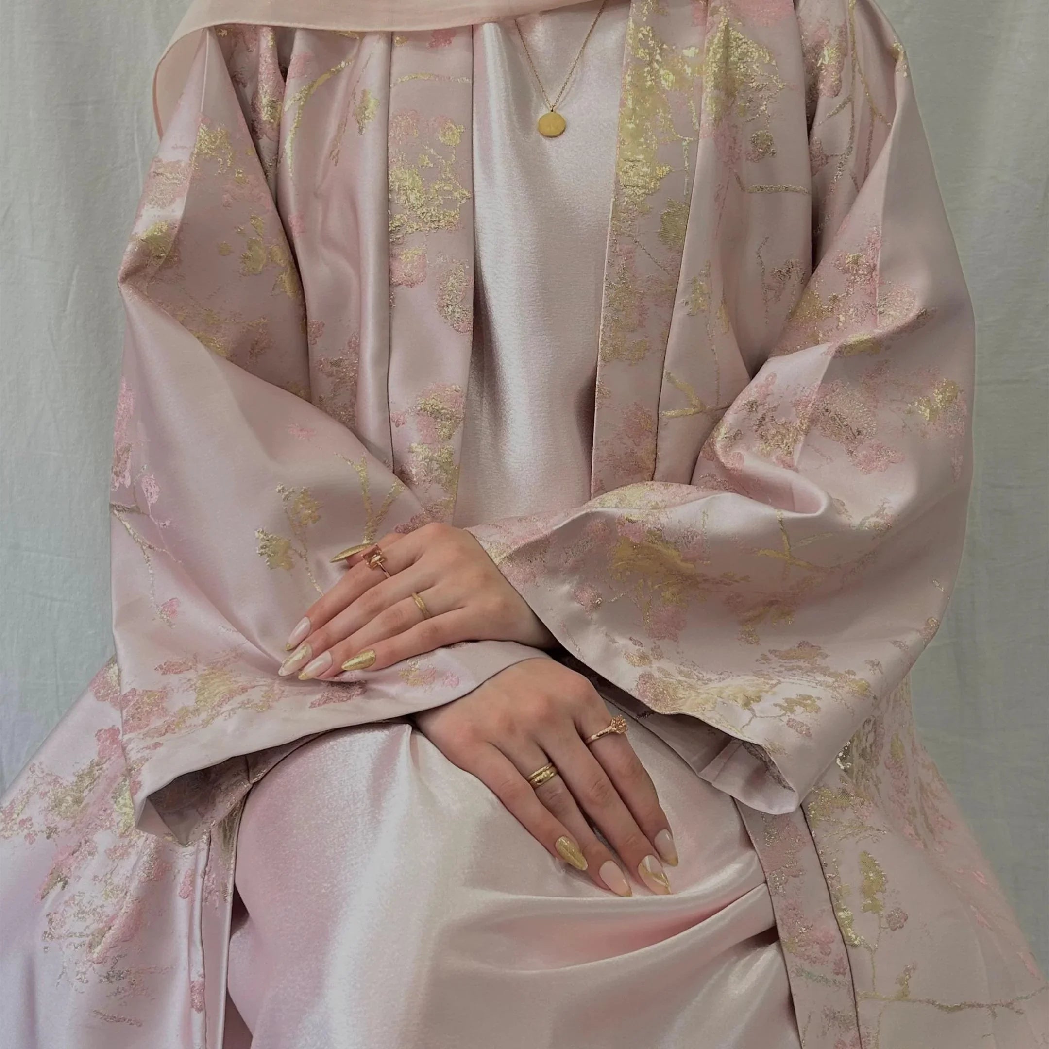 LM178 Robe Abaya Kimono Rose Sakura – Tenue Modeste Brodée pour Aïd & Mariages