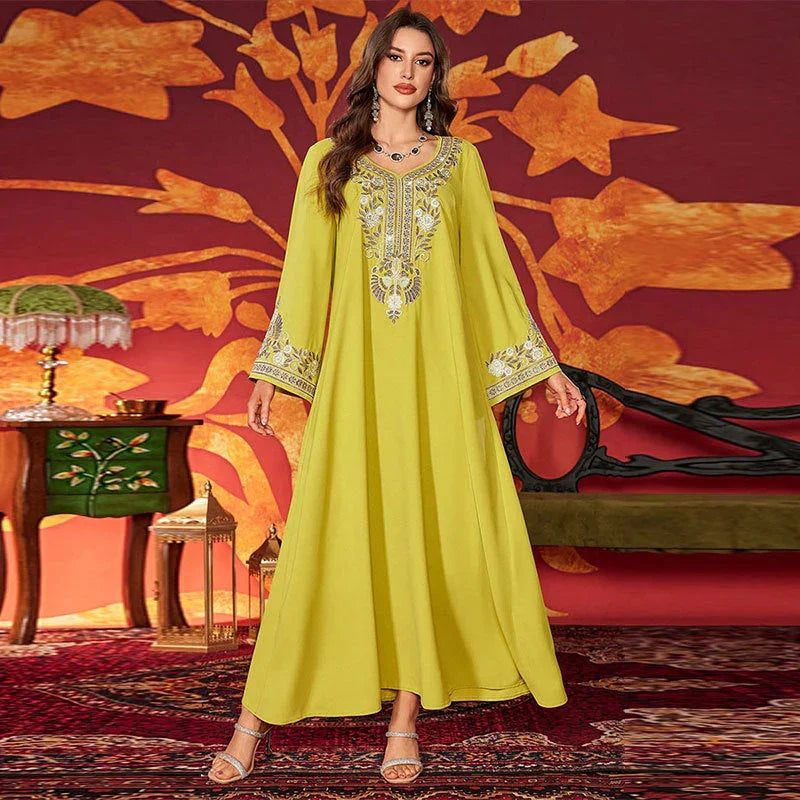 LM183 Robe Abaya Brodée Luxueuse | Kaftan Maxi Modeste avec Détails Strass