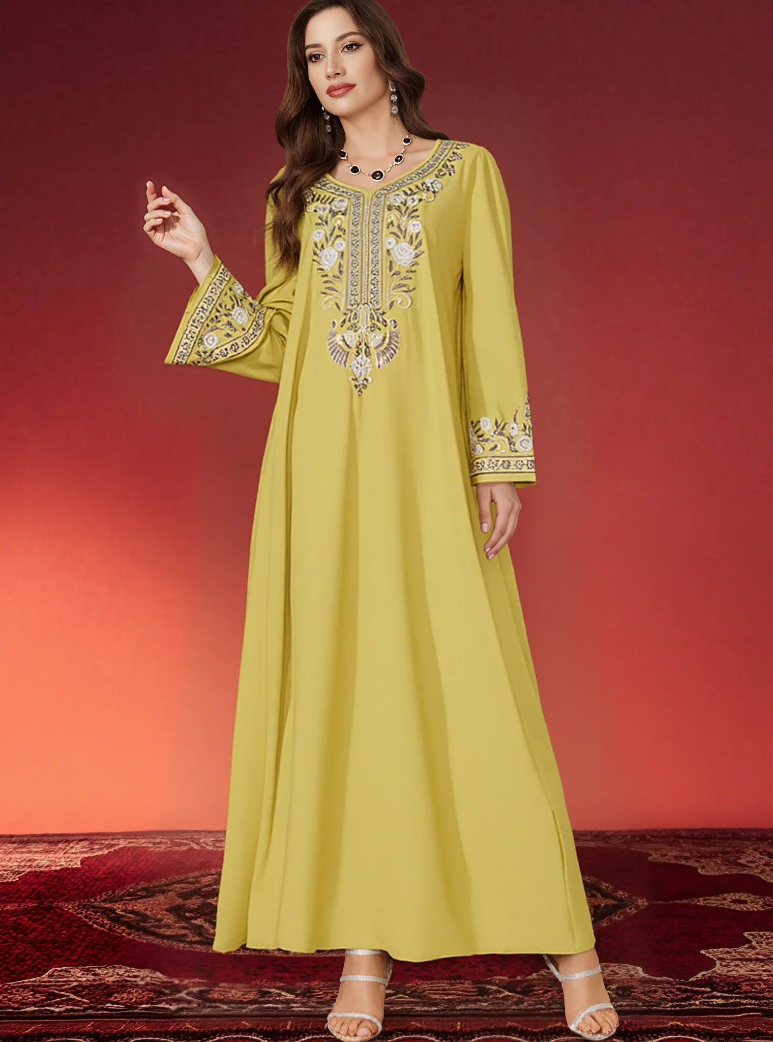 LM183 Robe Abaya Brodée Luxueuse | Kaftan Maxi Modeste avec Détails Strass
