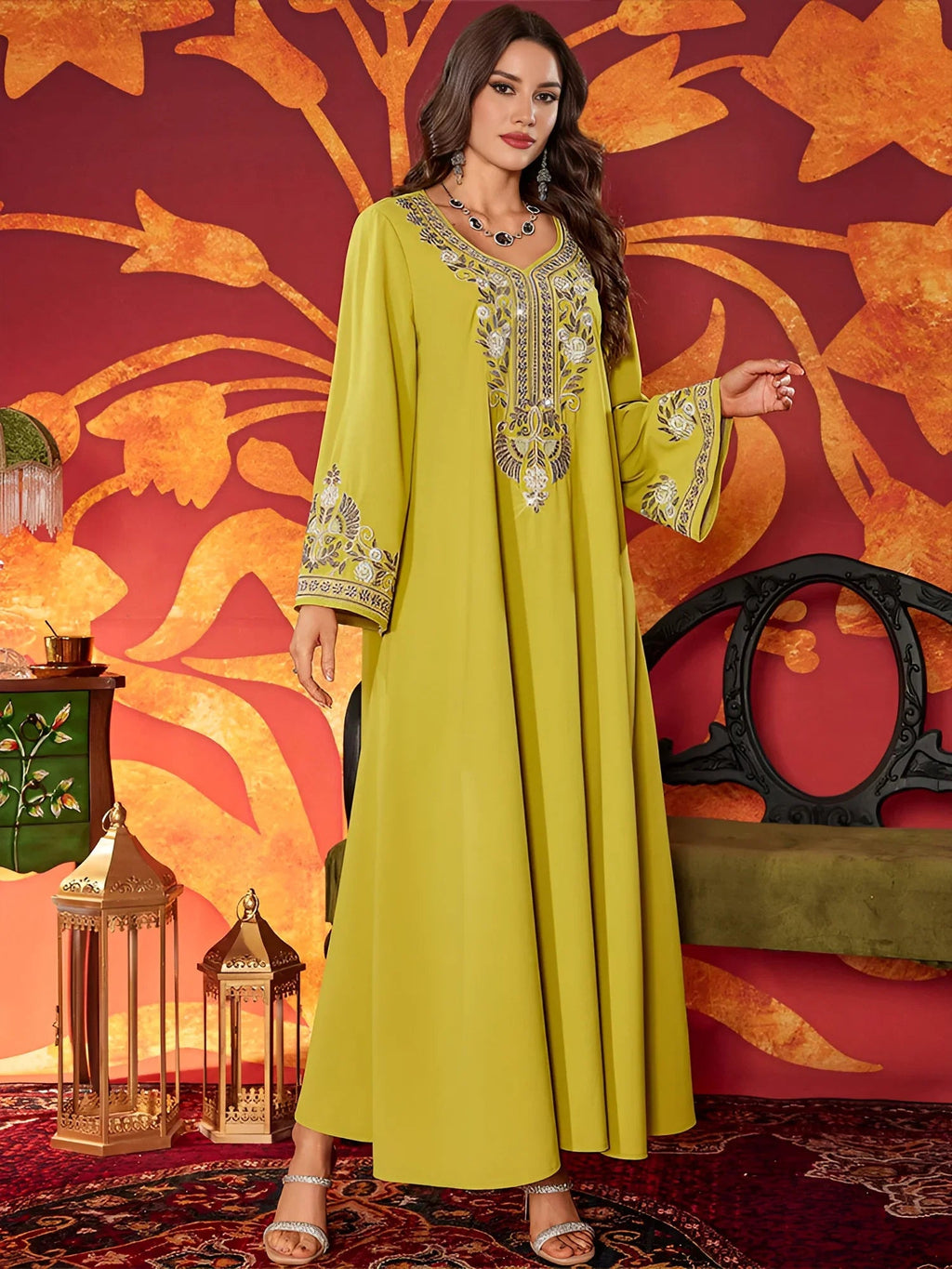 LM183 Robe Abaya Brodée Luxueuse | Kaftan Maxi Modeste avec Détails Strass