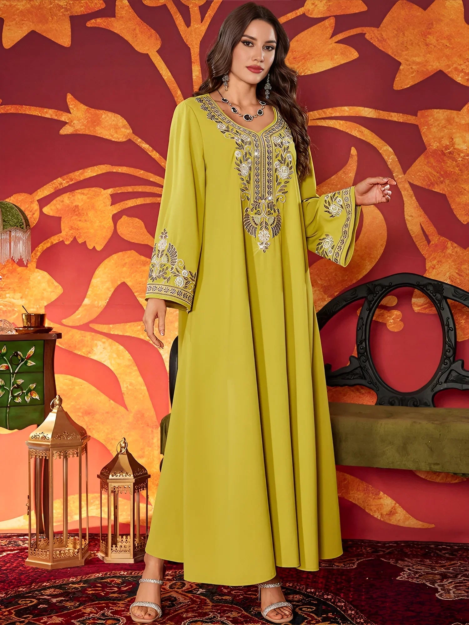 LM183 Robe Abaya Brodée Luxueuse | Kaftan Maxi Modeste avec Détails Strass