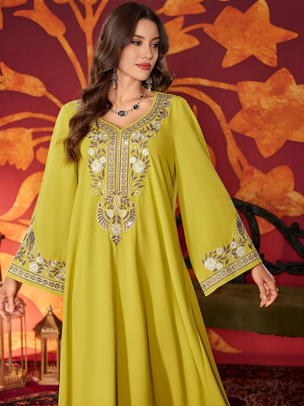 LM183 Robe Abaya Brodée Luxueuse | Kaftan Maxi Modeste avec Détails Strass