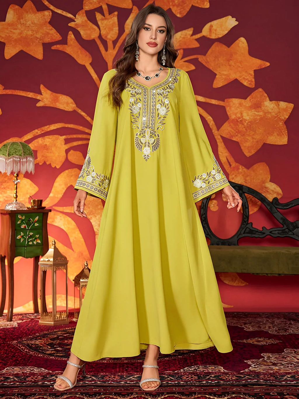 LM183 Robe Abaya Brodée Luxueuse | Kaftan Maxi Modeste avec Détails Strass