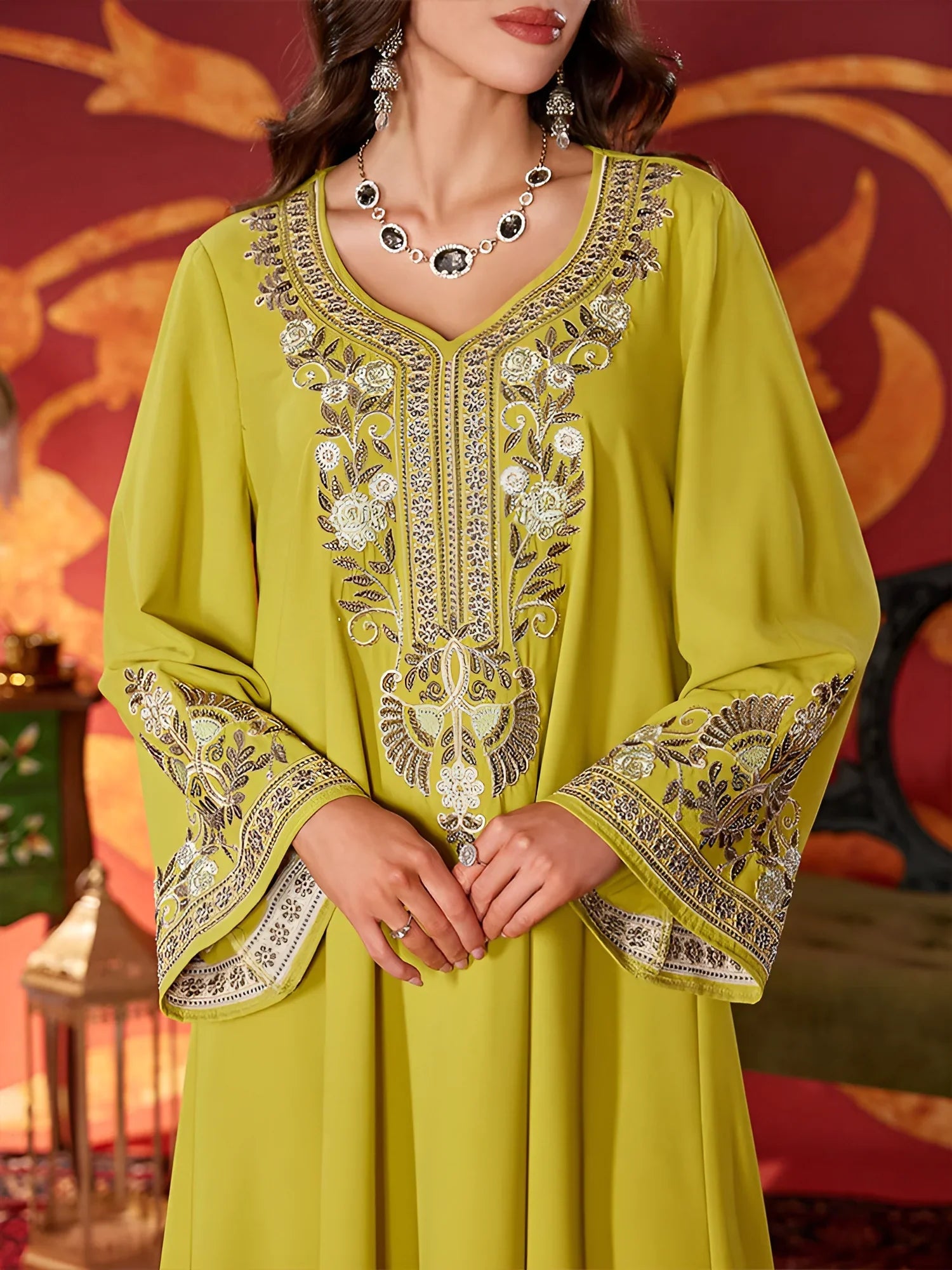 LM183 Robe Abaya Brodée Luxueuse | Kaftan Maxi Modeste avec Détails Strass