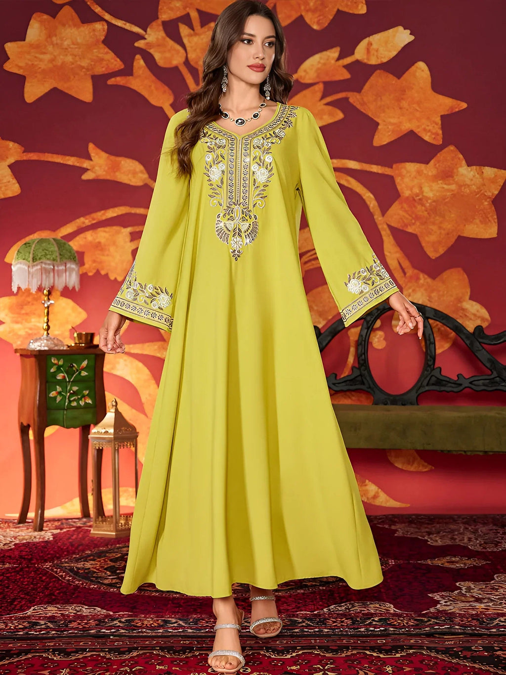 LM183 Robe Abaya Brodée Luxueuse | Kaftan Maxi Modeste avec Détails Strass