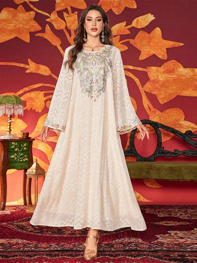 LM184 Robe Abaya Brodée Élégante | Kaftan Maxi Modeste Perlé pour Aïd & Fêtes