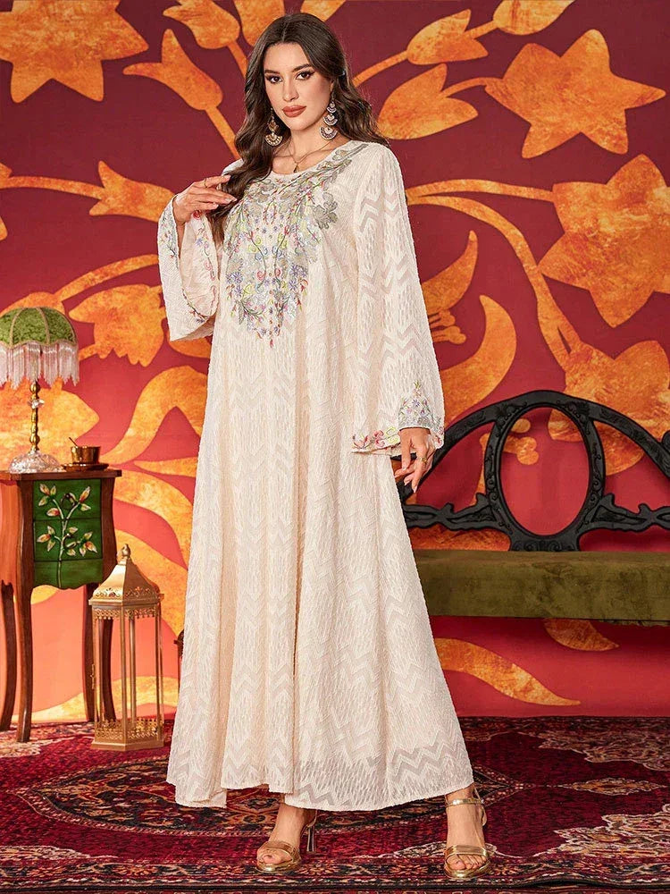 LM184 Robe Abaya Brodée Élégante | Kaftan Maxi Modeste Perlé pour Aïd & Fêtes