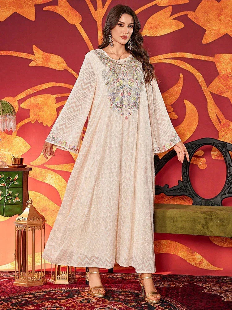 LM184 Robe Abaya Brodée Élégante | Kaftan Maxi Modeste Perlé pour Aïd & Fêtes