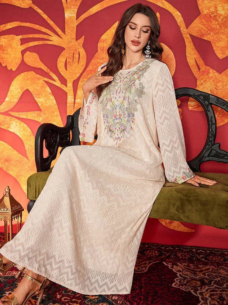 LM184 Robe Abaya Brodée Élégante | Kaftan Maxi Modeste Perlé pour Aïd & Fêtes