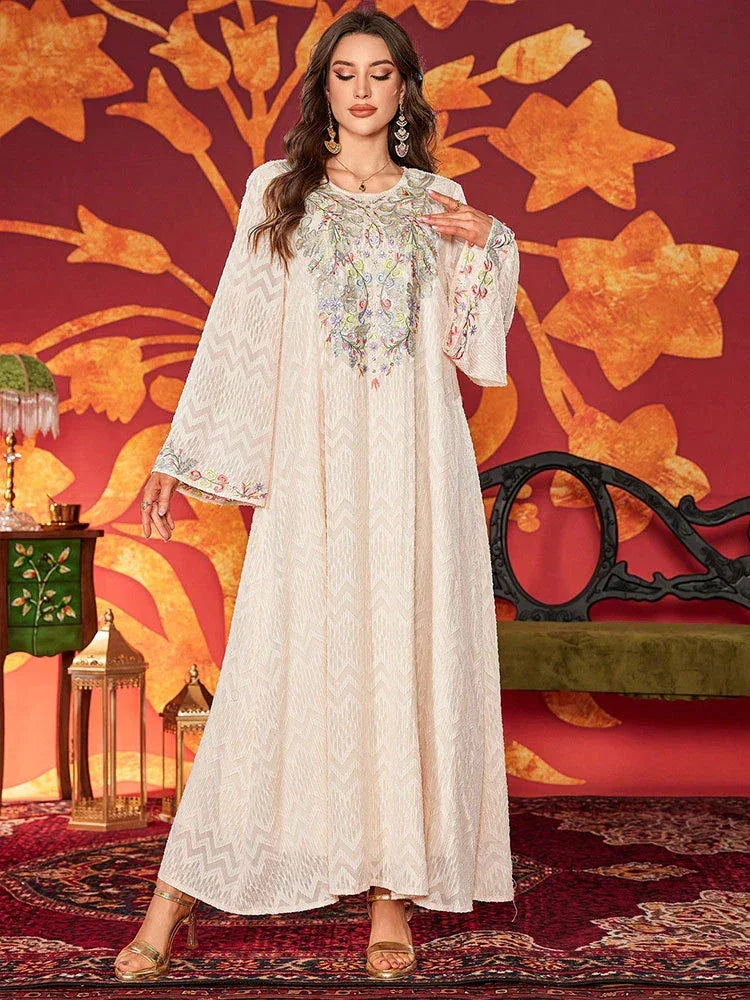 LM184 Robe Abaya Brodée Élégante | Kaftan Maxi Modeste Perlé pour Aïd & Fêtes