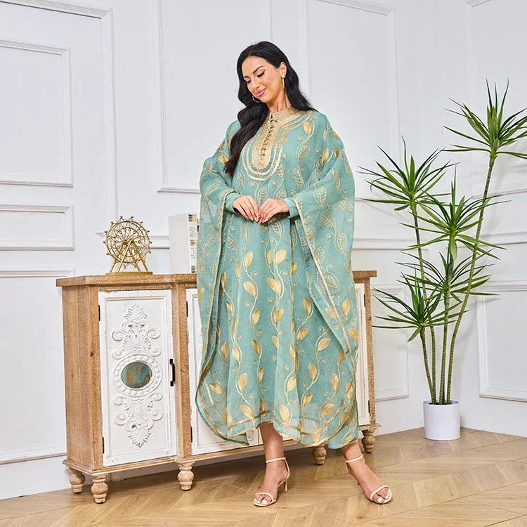 LM185 Ensemble 2 Pièces Abaya Coton Estival | Robe Kaftan Maxi Brodée Respirante