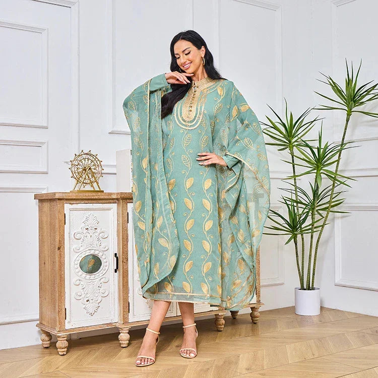 LM185 Ensemble 2 Pièces Abaya Coton Estival | Robe Kaftan Maxi Brodée Respirante
